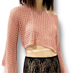 Pink Bell Sleeve Hollow Out Crochet Crop Top NEW